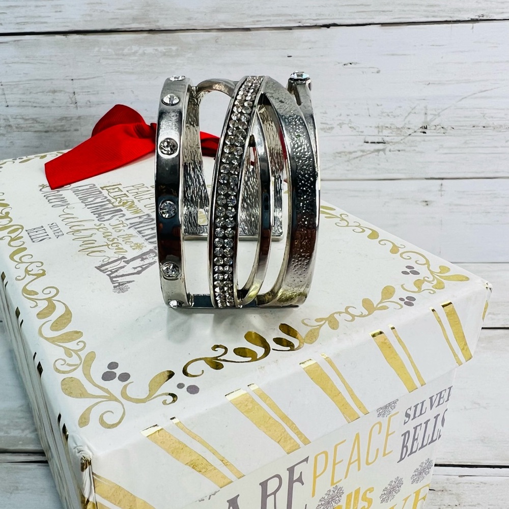 Open Work Cuff Bracelet Silver Tone Modern 2” Wide Crossed Strands. Y2K